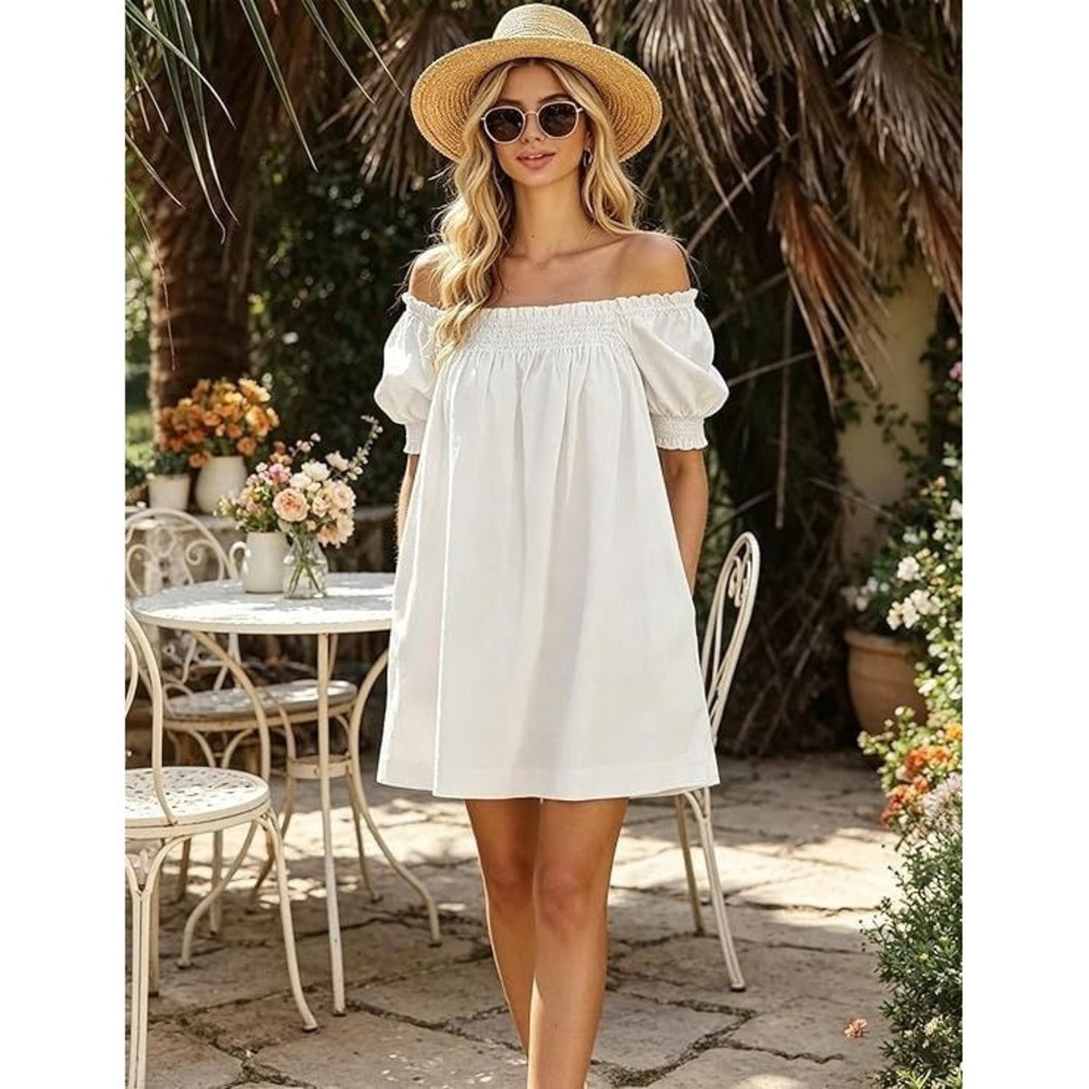 Huaqiao Women's A-Line Square Neck Puff Sleeve Boho Beach Mini Dress - White - S - Picture 2 of 3